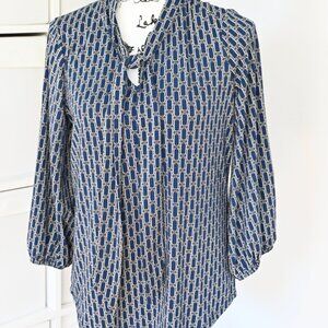 ADRIANNA Papell Top Blouse Women's MED Stretch Long Sleeves Navy Print Tie Work